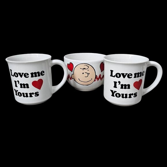 Charlie Brown Peanuts Be Mine Valentine's Day Coffee Cup Mug Hearts 3 Piece Set - Picture 2 of 10